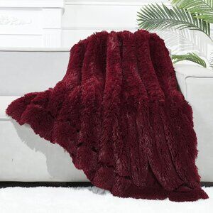 Fuzzy Faux Fur Throw Blanket Wine Red Super Soft Cozy